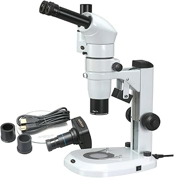 AmScope PM240T-M Digital Trinocular Common Main Objective Stereo Zoom Microscope, WH10x Eyepieces, 8X-80X Magnification, 0.8X-8X Zoom Objective, Pillar Stand, 100V-240V, Includes 1.3MP Camera with Red