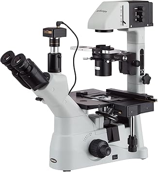 AmScope IN480TC-5M Digital Long Working-Distance Inverted Trinocular Microscope, 40x-1500x, WH10x Plan and WH25x Super-Widefield Eyepieces, Brightfield and Phase-Contrast Objectives, 30W Halogen Illum