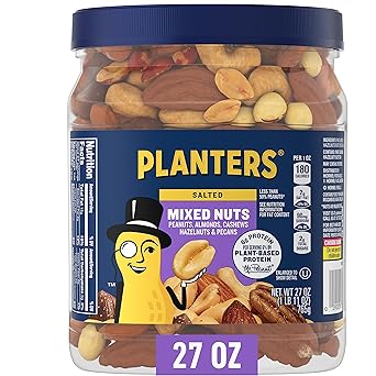 PLANTERS Mixed Nuts, Salted, 27 oz, Resealable Jar - Salted Nuts with Less than 50% Peanuts (*Nuts are Measured by Weight), Almonds, Cashews, Hazelnuts & Pecans - Kosher