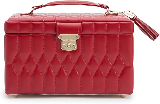WOLF Caroline Medium Jewelry Case, Red - 15 Compartments & Seven Ring Rolls - Anti-Tarnish LusterLoc Lining - Includes Travel Case