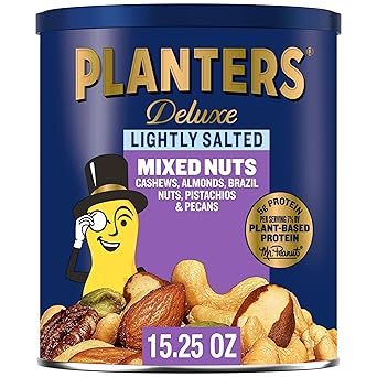 PLANTERS Deluxe Mixed Nuts, Cashews, Almonds, Brazil Nuts Mix, Pistachios, Pecans, Lightly Salted,5g (7% DV) Plant-Based Protein, Party Snack, 15.25 oz Canister