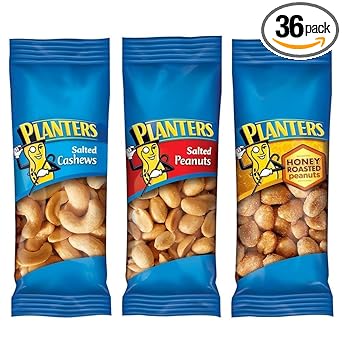 PLANTERS Variety Pack, Salted Cashews, Salted Peanuts & Honey Roasted Peanuts, On-the-Go Nut Snacks, Individually Packed Snacks, 8 -13g (12% - 13% DV) Plant-Based Protein (36 Count)