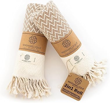 Madamelique Exclusive Hand Towels Set of 2-18 x 40 Inches - Decorative Bathroom Peshtemal Towel for Hand, Face, Hair, Yoga, Tea, Dishcloth, Kitchen and Bath - 100% Pure Cotton (Biscuit)
