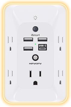 Outlet Extender with Night Light, HANYCONY Multi Plug Outlet, USB Wall Charger Surge Protector 4 USB Ports(1 USB C), Power Strip Electrical Outlet Splitter Expander for Home Office Dorm Room, ETL