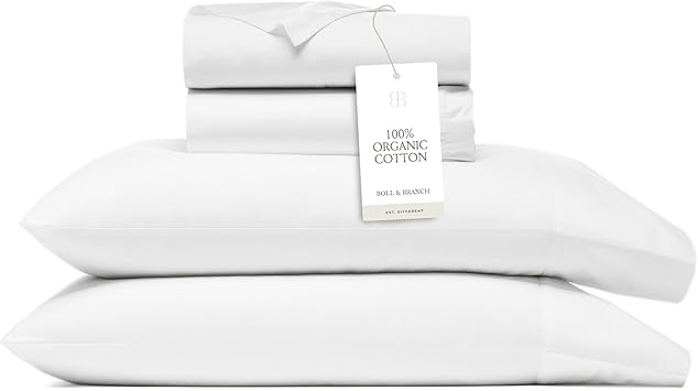 BOLL & BRANCH Signature Hemmed Sheet Set - King, White - Luxury 100% Organic Cotton - Includes 1 Flat, 1 Fitted, 2 Pillowcases - Buttery Soft