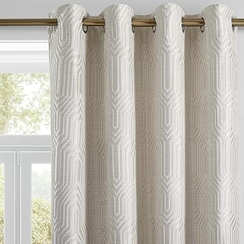 Beige and Silvery 100% Blackout Polyester Geometric Pattern Curtains, 52 Inch Wide 108 Inch Length 2 Panels, Thermal Insulated Noise Reducing Anti-Rust Grommet Drapes for Bedroom Living Room
