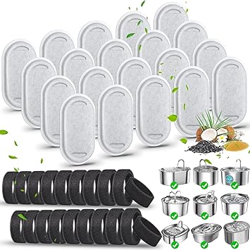 40 Pack Cat Water Fountain Filters-Cat Fountain Replacement Filters for Stainless Steel 108/3.2L& 67oz/2L Adjustable Water Flow Pet Water Fountain(20 Pack Pet Water Filter Refills+20 Pack Sponges)