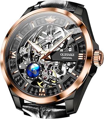 OUPINKE Skeleton Mens Automatic Watches Mechanical Luxury Dress Leather Self Winding Waterproof 50M/5ATM Luminous Watches for Men