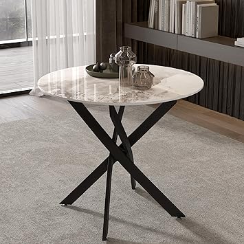 Marble Round Dining Table for 2-4 with Metal Legs, 31.5 Inch Sintered Stone Modern Small Kitchen Table for Dining Room Kitchen Apt (White)