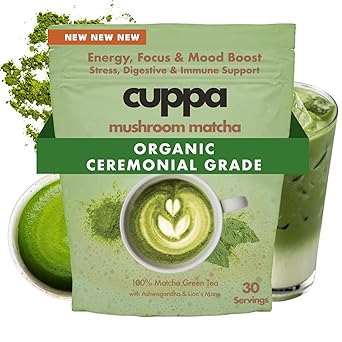 Cuppa Organic Ceremonial Grade Matcha- Mushrooms, adaptogens & superfoods - Lion's Mane, Ashwagandha, Cordyceps, MCT, & Prebiotic Fiber - Supports natural energy, better mental focus, and a happier gu