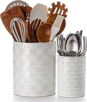 Nucookery Utensil Holder, Extra Large Ceramic Utensil Crock for Kitchen Counter, Stable Spatula & Flatware Organizer, Farmhouse Embossed Kitchen Decor, Set of 2 (Checkered)