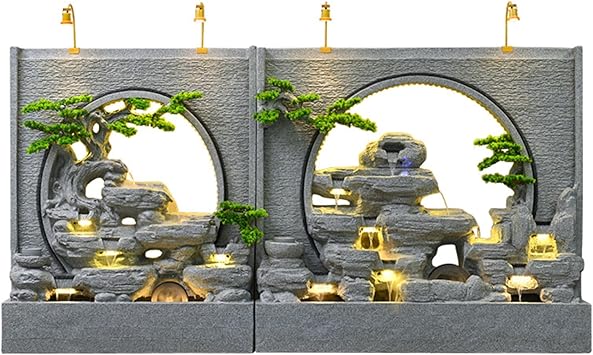 Zen Garden Landscape Waterfall Gray Rockery Fountain with LED Lights and Artificial Greenery – Tranquil Indoor/Outdoor Decorative Water Feature, Housewarming Gift(C+A)