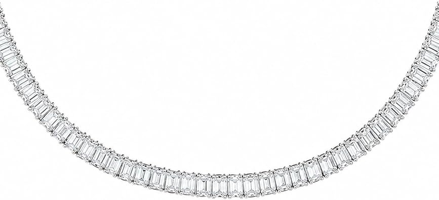 20 Ct EVS Emerald Cut Lab Grown Diamond 4 Prong Graduated Tennis Necklace for Unisex Gift 14K White Gold 18" Inch