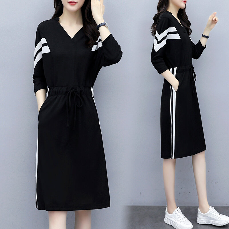 Black Dress 2021 New Spring and Autumn Waist Slimming Elegant V-neck French High Waist Midi Dress for Women
